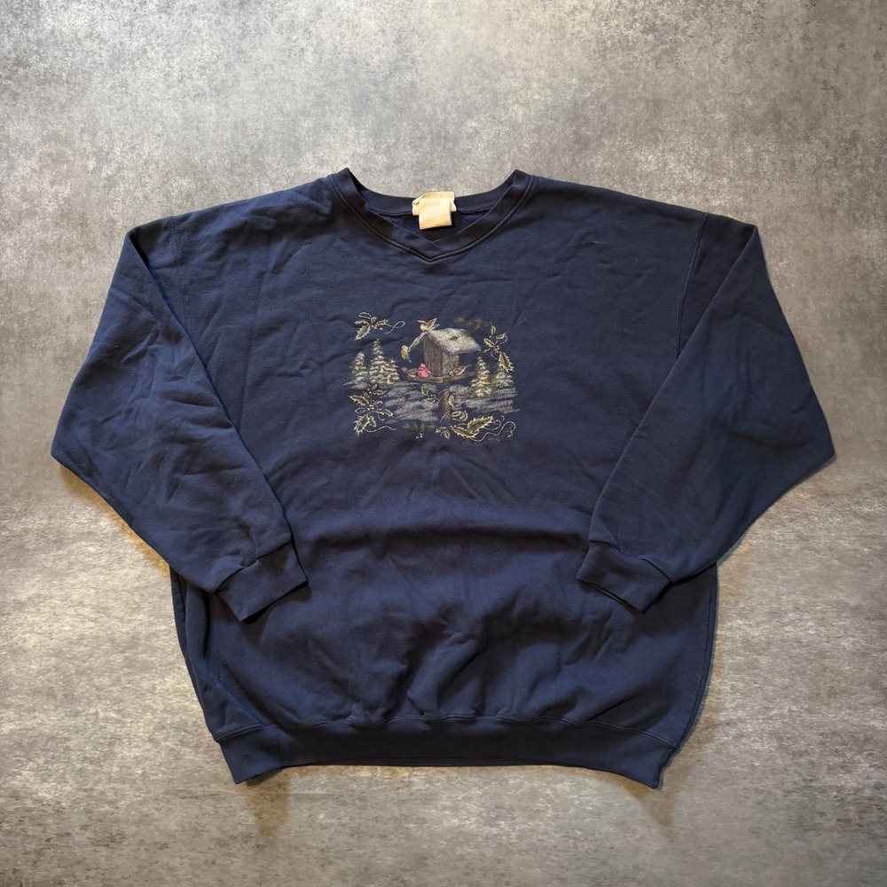 VTG 90s Northern Reflections Sweatshirt XL Navy Blue Winter Birdhouse Crewneck